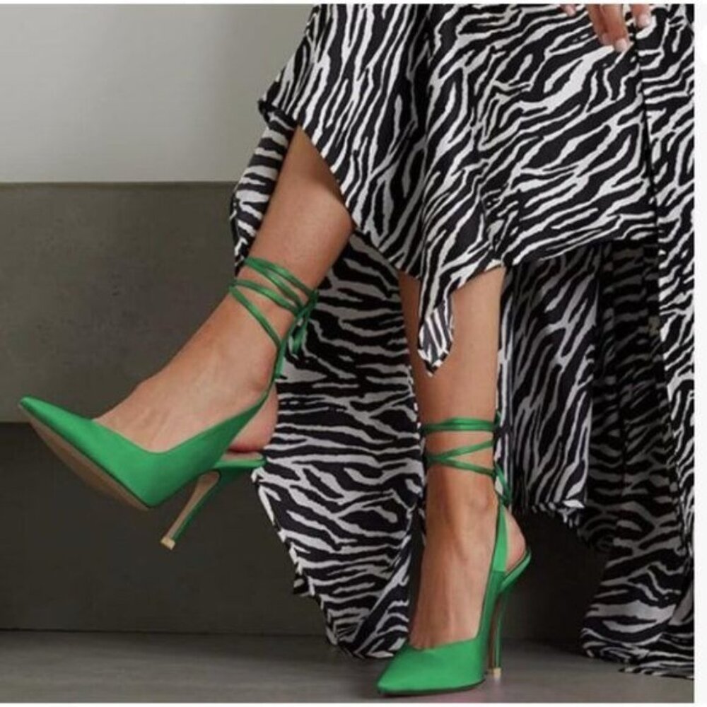 FSJ Green Pointed Toe Stiletto Wrap-Ankle Heels